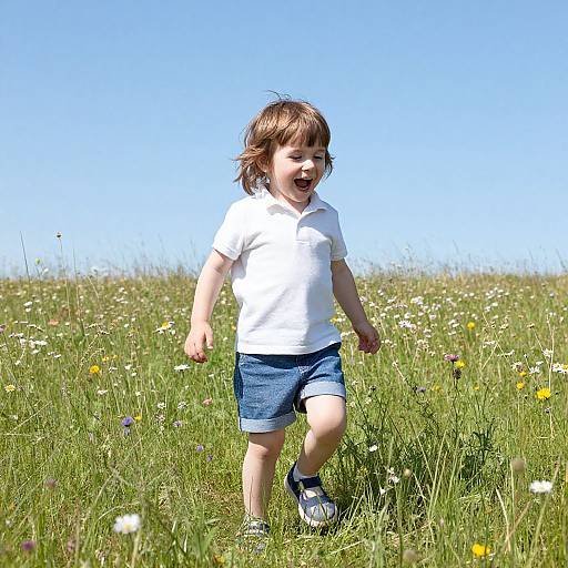 Photograph of a happy, brown-haired toddler in a white polo and blue shorts, running through a sunny, colorful meadow with wildflowers.