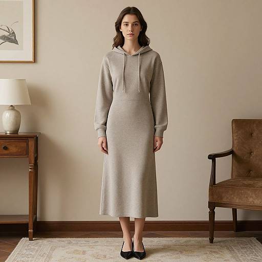 Photograph of a young woman with wavy brown hair in a long, light gray hooded dress and black flats, standing in a simply furnished living