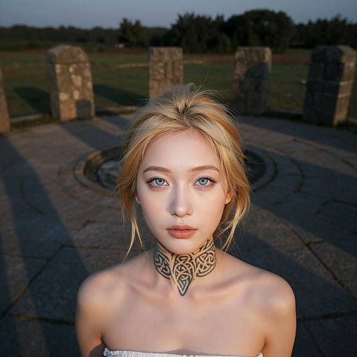 Photograph of a young woman with fair skin, blue eyes, blonde hair, and an intricate Celtic choker, standing in front of ancient stone pillars