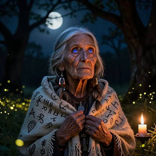 Photograph of an elderly Native American woman with glowing blue eyes, wearing a patterned blanket, holding a candle, under a moonlit night with twink