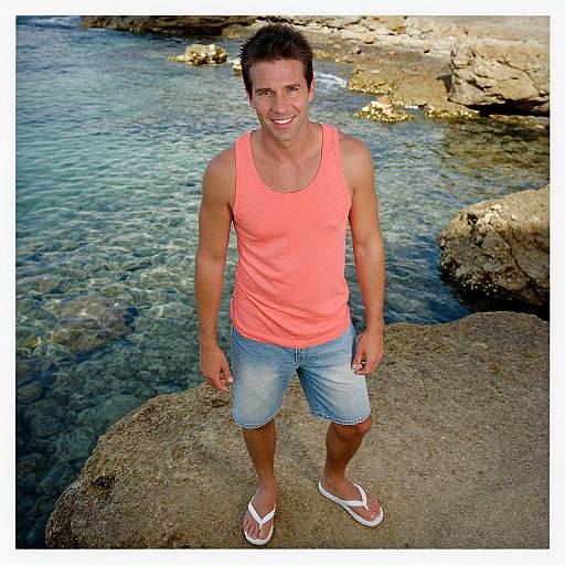 Photograph of a smiling, athletic man with short brown hair, wearing a coral tank top, blue denim shorts, and white flip-flops, standing