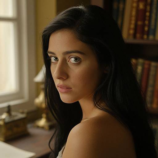 Photograph of a young woman with long black hair, olive skin, and brown eyes, looking over her shoulder in a sunlit library.
