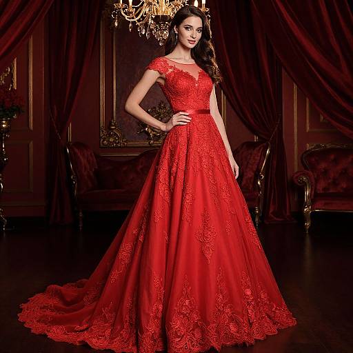 Photograph of a slender woman with long dark hair in an elegant, full-length red lace gown, standing in a luxurious, dark-red draped room with