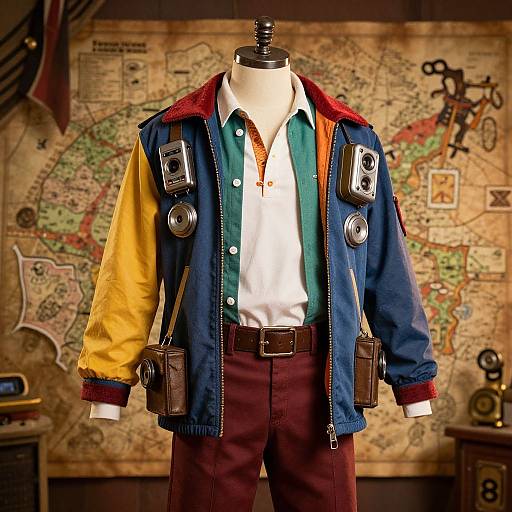 Photograph of a mannequin wearing a colorful bomber jacket with camera straps, white shirt, brown pants, against a vintage map background.