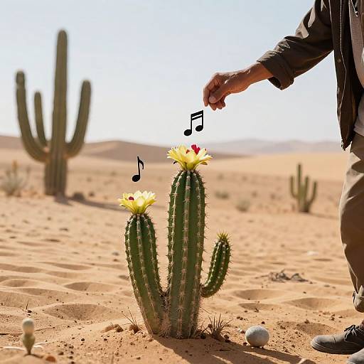 Photograph of a desert with cacti, a person's hand playing a musical note above three cacti with yellow flowers, set under bright