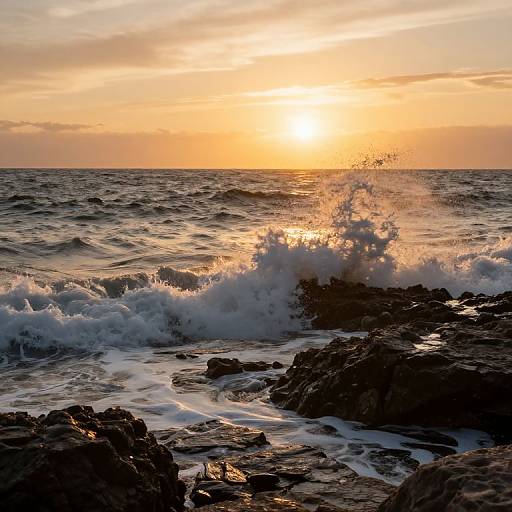 Photograph of a dramatic sunset over a rocky ocean shore, with waves crashing and sunlight reflecting off the water's surface.