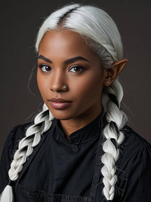 Dark-Skinned Elf Woman with White Braided Hair