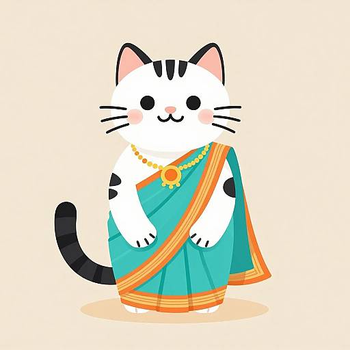 Cute cartoon black-and-white cat in a turquoise sari with orange border, wearing a yellow necklace, standing against a plain beige background.