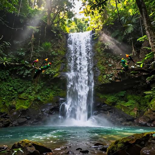 Photograph of a lush jungle waterfall with vibrant parrots perched on rocks, sunlight filtering through dense green foliage, cascading into a turquoise pool,