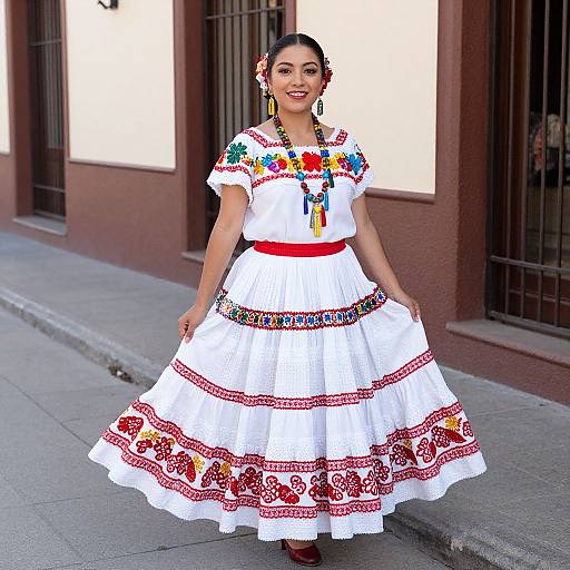 Photograph of a smiling Latina woman in a colorful, embroidered white Mexican dress with red and blue accents, standing on a city sidewalk with brown brick buildings