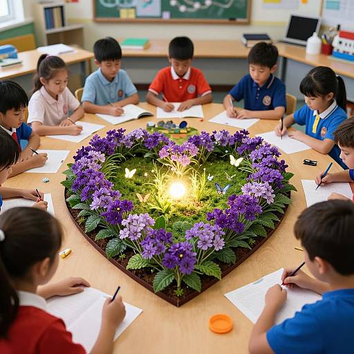 Photograph of six Asian children, seated around a wooden table with a heart-shaped purple flower arrangement, writing at night. Bright fairy lights illuminate the flowers