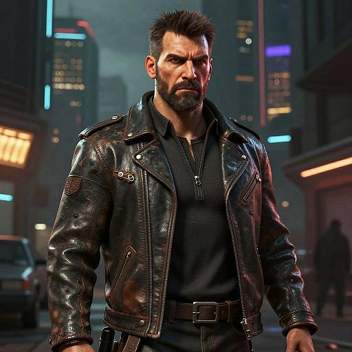 Photorealistic CGI of a rugged, bearded man with short dark hair in a black leather jacket and shirt, standing in a neon-lit urban