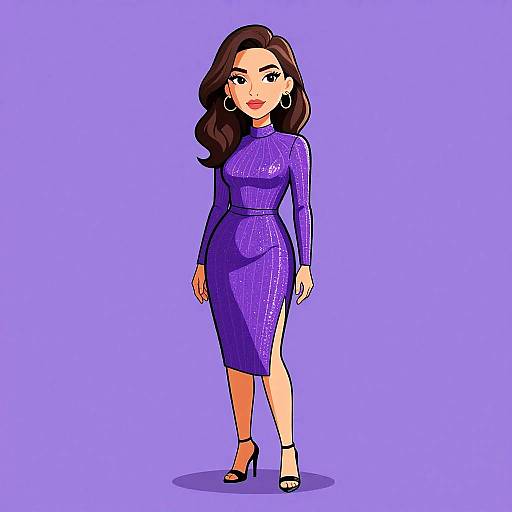 Digital illustration of a confident woman with long dark hair, wearing a shimmering purple long-sleeve dress, black high heels, and hoop earrings,