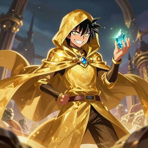 Anime-style drawing of a confident, black-haired male mage in a golden hooded robe, holding a glowing blue crystal, standing in a magical, illuminated