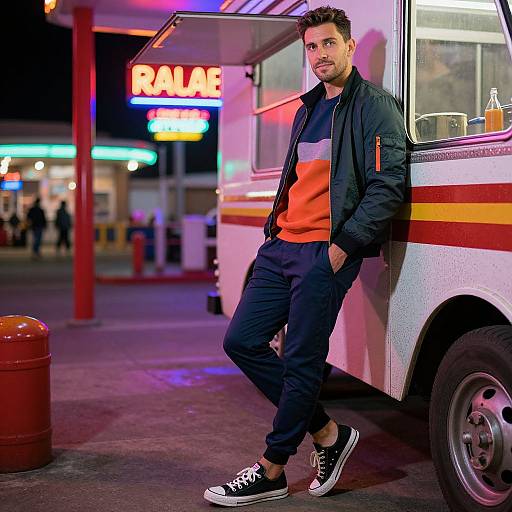 Photograph of a casual, handsome man in an orange sweater and black jacket, leaning against a vintage bus at a neon-lit nightstand, wearing