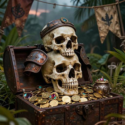 Photograph of two adorned skulls in a wooden chest filled with gold coins and jewels, set in a lush, tropical forest.