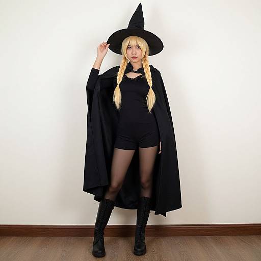 Photograph of a blonde woman in a black witch costume with hat, cape, long braids, black bodysuit, stockings, and boots,