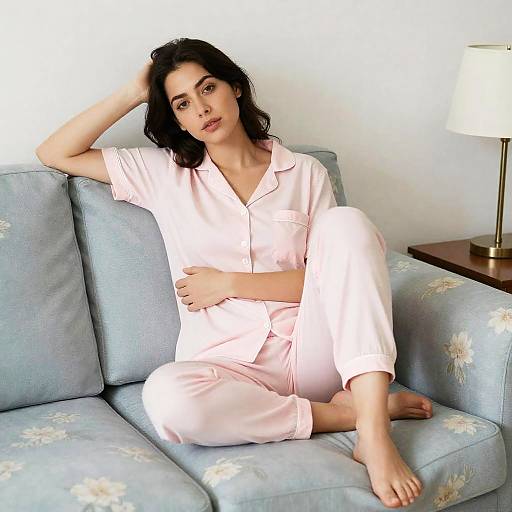 Relaxing Woman on Floral Sofa Scene