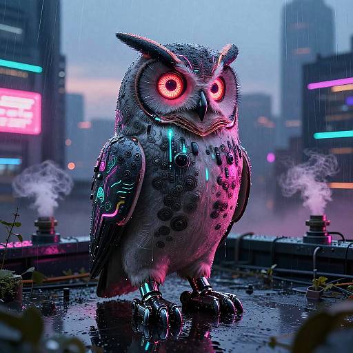Digital art: Neon-lit, cyber-owl with glowing red eyes, mechanical wings, and steam, standing in a rainy, futuristic cityscape.