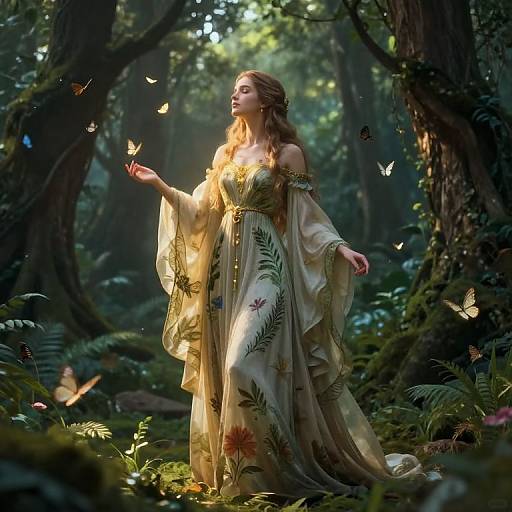 Photorealistic digital artwork of a fair-skinned, blonde woman in a flowing, floral-embroidered dress, surrounded by glowing butterflies in a