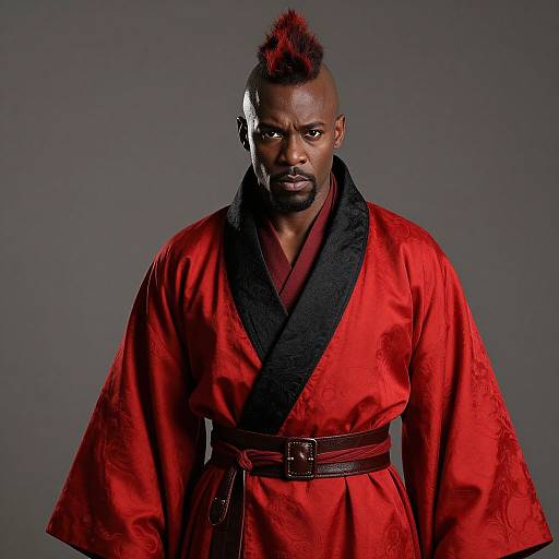 Photograph of a muscular Black man with a red mohawk, wearing a red kimono with black trim and belt, against a gray background.