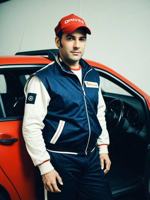 Man in Driver Costume Standing by Red Car