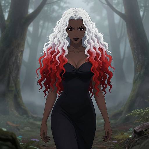 Digital art of a dark-skinned woman with long, wavy white-to-red hair, wearing a black strapless dress, standing in a misty