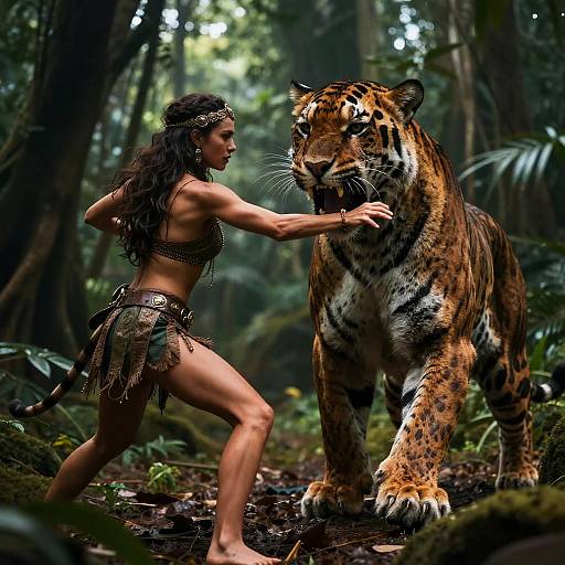 Photograph-like CGI of a fierce, dark-haired woman in tribal attire, standing in a dense jungle, facing a large, intimidating tiger with outst