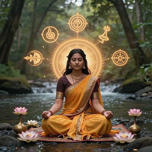 Meditating Woman in Sacred Forest