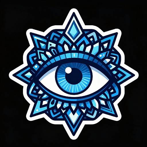 Digital art of a blue, stylized eye with intricate, glowing crystal patterns surrounding it, set against a solid black background.