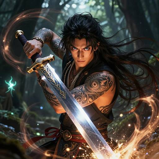 Digital fantasy artwork of a fierce, tattooed warrior with long black hair, blue eyes, and intricate sleeve tattoos, wielding a glowing sword in a dark