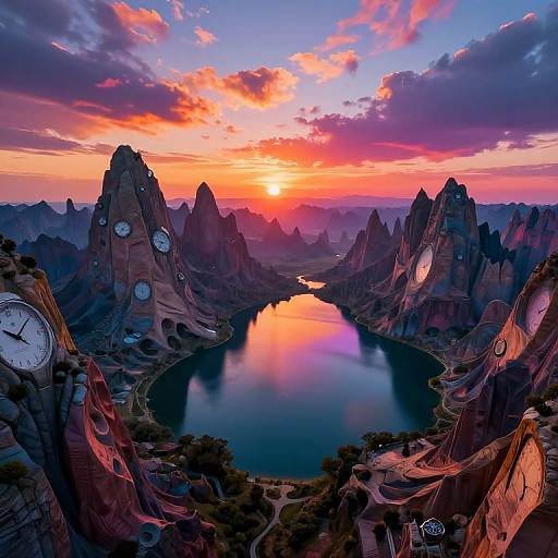 Digital art of a surreal sunset over a reflective lake surrounded by clock-faced, rocky mountains with vibrant orange, pink, and purple skies.