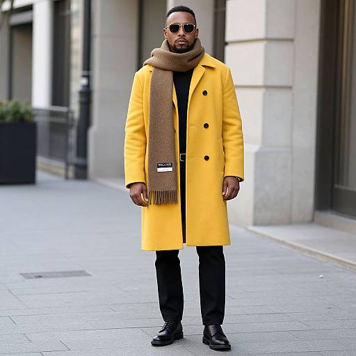 Photograph of a black man wearing a bright yellow coat, brown scarf, black sunglasses, black pants, and black shoes, standing on a city sidewalk