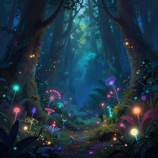 Enchanting, luminescent forest scene with glowing mushrooms, vibrant flowers, and twinkling fireflies under a misty, blue-lit canopy