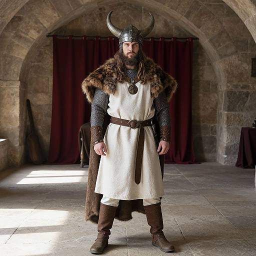 Photograph of a bearded Viking warrior in a stone archway, wearing a horned helmet, fur-collared white tunic, and brown