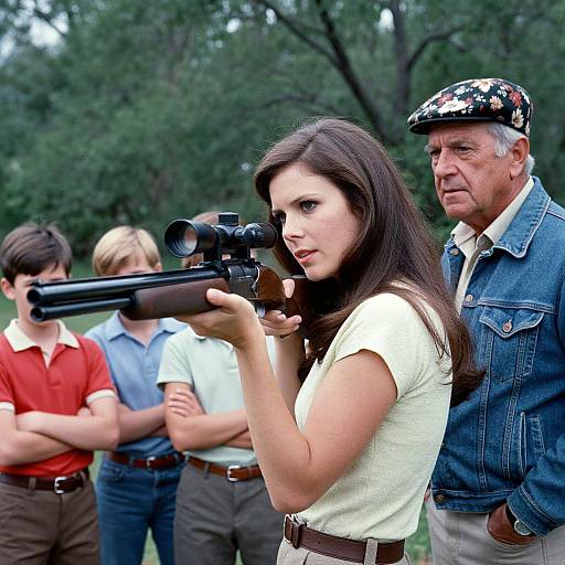 Photograph of a woman with long brown hair in a white shirt, aiming a rifle, surrounded by three men in casual clothes, one in a flat
