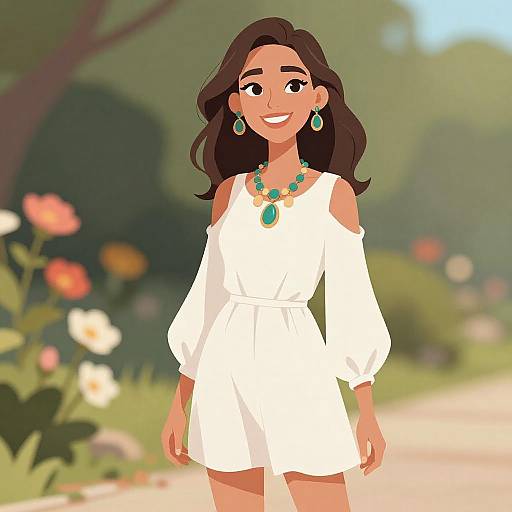 Digital cartoon of a smiling woman with medium brown skin and long dark brown hair, wearing a white off-shoulder dress, turquoise necklace, and earrings