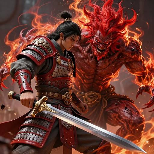 Digital art: Muscular samurai with black hair in red and silver armor faces fiery red demon, gripping a large sword, intense battle scene, dark