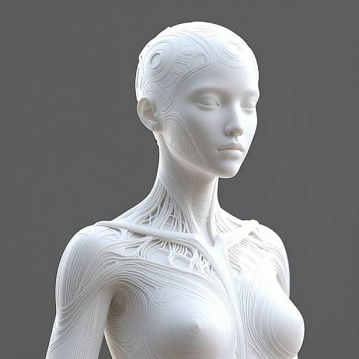 Digital CGI of a white, futuristic female figure with intricate, glowing wire-like patterns over her head, neck, and chest, against a dark gray background