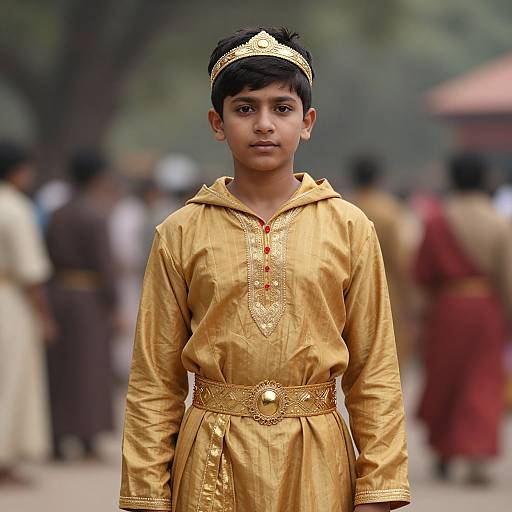 Photograph of a young Indian boy with short black hair, wearing a gold embroidered traditional kurta and headband, standing in a blurred outdoor crowd.