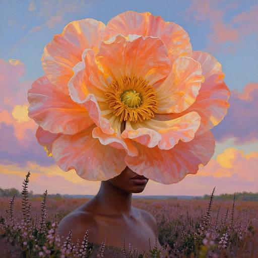 Photograph of a dark-skinned person with a giant, vibrant pink and orange poppy flower covering their head, set against a colorful sunset sky and