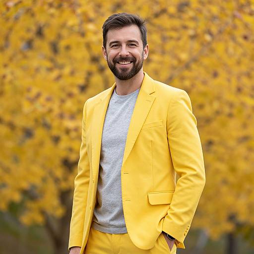 Photograph of a smiling bearded man with dark hair, wearing a bright yellow suit and gray t-shirt, standing in front of autumnal yellow-le
