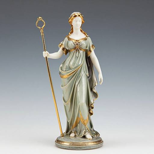 Photograph of a white, classical-style statue of a woman in a green, gold-trimmed dress, holding a gold staff, against a gradient