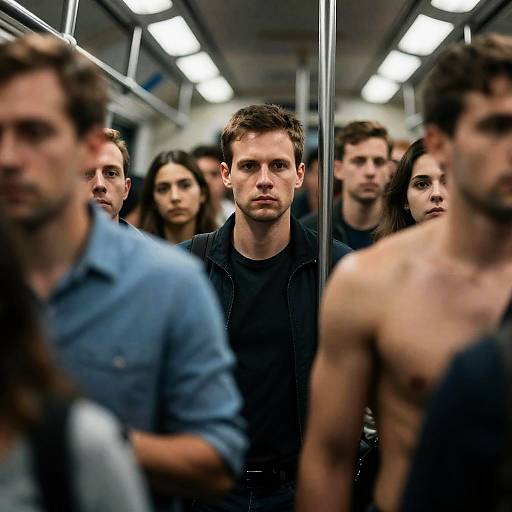 Crowded Train Car with Diverse Passengers