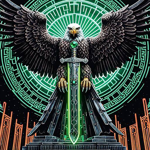 Neon Chrome Eagle Statue with Emerald Sword
