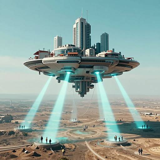 Futuristic Floating City with Energy Beams