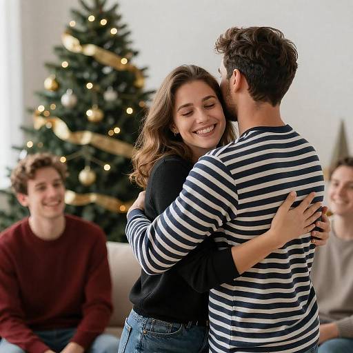 Joyful Family Hug by Christmas Tree