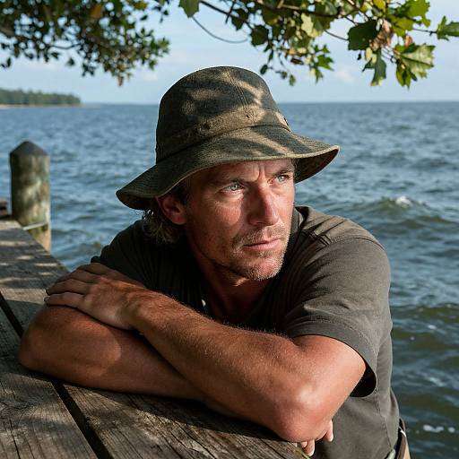 Photograph of a middle-aged man with a rugged face, wearing a camouflage bucket hat and black t-shirt, leaning on a wooden dock with a lake