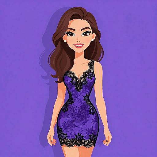 Digital illustration of a smiling woman with long brown hair in a purple lace dress against a solid purple background.
