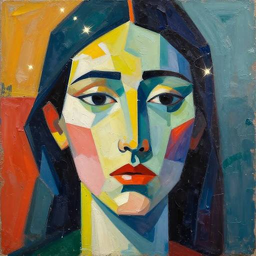Vibrant, geometric abstract portrait of a woman with dark hair, multicolored face, red lips, and serious expression, set against a colorful